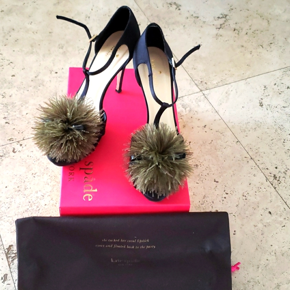 Kate Spade Black Satin Heel Sandals Feather Bow